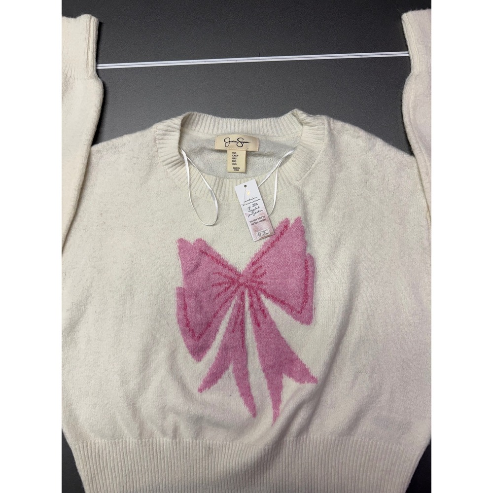 Jessica Simpson Women Pink Bow coquette girl Sweater Ivory Cream Small NWT - Picture 2 of 8